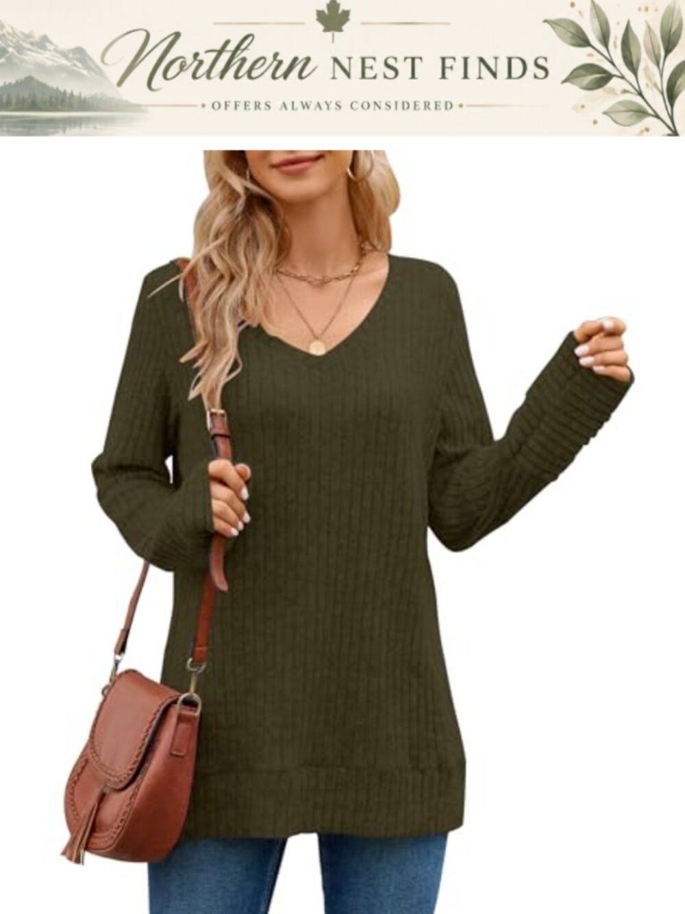 Women's Long Sleeve V Neck Tunic Top Casual Loose Fit Pullover